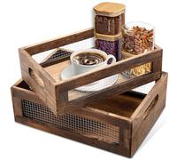 Set of 2 Wooden Storage Baskets for Shelves and Countertop, Farmhouse Decorative Nesting Boxes Rustic Small Wooden Box with Handles and Wire Mesh for Fruit, Vegetables, Produce, Bread