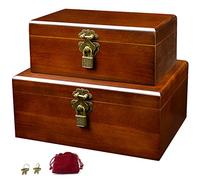 Set of 2 Wooden Storage Boxes Container with Hinged Lid, Large Wood Craft Keepsake Decorative Box with Lock and Key, Small Chest Memory Gift Box for Jewelry Christmas Wedding Travel Trinket Treasure