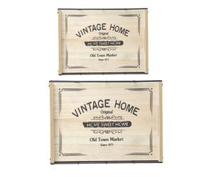 Set of 2 Wooden Vintage Home Kitchen Serving Tray with Handles Metal Wire Border