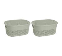 SET OF 2 X 4 Litre Small ETC Storage Basket - Oval Shape with Lid & Integral Handle - Knit Design Stackable & Nestable Plastic Box for Home, Office, Kitchen & Utility Storage Organisation (GREEN)