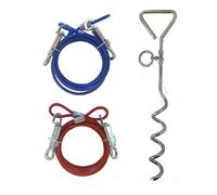 Set of 2 x 6ft (1.8m) Dog Tie Out Cables with 1 x 16" Metal Spiral Ground Stake Spike (Red & Blue)