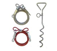 Set of 2 x 6ft (1.8m) Dog Tie Out Cables with 1 x 16" Metal Spiral Ground Stake Spike (Red & Silver)