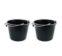Set of 2 x Black 3 Gallon High Grade Plastic Bucket | Strong 14L Litre Builders Bucket with Metal Handle, Spout, Measuring Guide | Multipurpose Storage Buckets | Made in UK (Black)