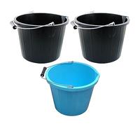 Set of 2 x Black and 1 x Blue - 14 Litre Plastic Builders Buckets 3 Gallon Water Storage Cement Mixing Bucket with Strong Metal Handle Measuring Guide Construction Animal Feeding Car Wash Cleaning