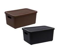 Set of 2 x Large 14L Litre Storage Basket Plastic Rectangular Storage Container with Lid and Handle, Stackable Rib Design Organiser Bin for Bathroom Kitchen Bedroom Multipurpose Basket (Brown + Black)
