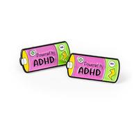 Set of 2 x Powered By ADHD, Battery-Shaped Novelty Pin Badges, Purple & Green, 3.5 x 1.5cm