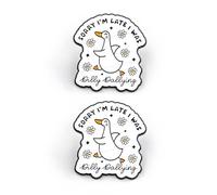 Set of 2 x Sorry I'm Late I was Dilly Dallying Novelty British-Style Whimsical Gift Pin Badges with Duck & Daisies, 3 x 3 cm