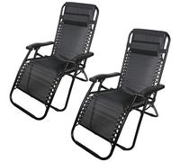 Set of 2 Zero-Gravity Textoline Reclining Sun Loungers Foldable, Rust-Free Black Steel with Detachable Pillow (65x103x110 cm)