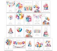 Set of 20 Birthday Cards Painted in Bright Watercolours - Not Design Twice - Comes with Recycled Envelopes