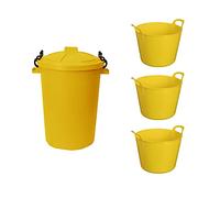 Set of 20 Litre Small Flexi Tub Flexible Plastic Storage Bucket Flex Tub x3 With 50 Litre Heavy Duty Plastic Clip Lock Lid Storage Bin Rubbish, Waste or Storage of Animal Feed x1(Yellow)