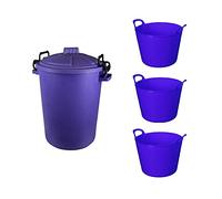 Set of 20 Litre Small Flexi Tub Flexible Plastic Storage Container Bucket Flex Tub x 3 With 50 Litre Heavy Duty Plastic Clip Lock Lid Storage Bin Rubbish, Waste or Storage of Animal Feed x 1(Purple)