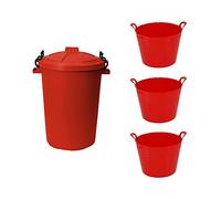 Set of 20 Litre Small Flexi Tub Flexible Plastic Storage Container Bucket Flex Tub x 3 With 50 Litre Heavy Duty Plastic Clip Lock Lid Bin Rubbish, Storage of Animal Feed x 1 (Red)