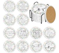 Set of 24 Ceramic Coasters with Bible Verses, Round Christian Coasters with Holder Absorbent Drink Coasters for Church Christian Gifts Home Kitchen Bar, 4 Inches