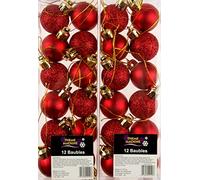 Set Of 24 Mini Christmas Shine Glitter Tree Baubles Decorations - Deep Red