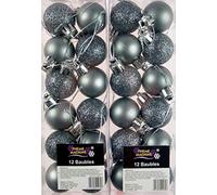 Set Of 24 Mini Christmas Shine Glitter Tree Baubles Decorations - Graphite Silver/Dark Grey