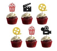 Set of 24 Movie Cupcake Toppers for Hollywood Theme Baby Shower, Red & Gold Glitter Camera Popcorn Sign Cupcake Toppers, Theater Cake Decorations for Movie Night Party Supplies