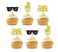 Set of 24 Two Cool Cupcake Toppers for 2nd Birthday, Gold & Black Glitter Happy 2nd Birthday Peacekeeper Cupcake Picks, Cake Decorations for Baby Shower Party Supplies