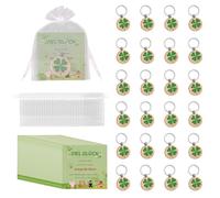 Set of 24 Wooden Lucky Keyrings, Four Leaf Clover Leaf Wooden Lucky Key Ring, Good Luck Gifts Set Including Lucky Charm Key Carabiner, Good Luck Cards, Mesh Bag with Drawstring Lucky