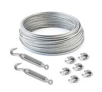 Set Of 25 M Galvanised Wire Rope 3 mm Strand: 6 x 7 + 6 Clamps + 2 Eyelets/Hook Tensioners