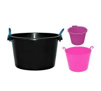[SET OF 3] - 26L Flexi Tub + 3 Gallon Bucket + 45L Tub/Bucket With Rope Handles | Garden Home Storage Container | Plaster Mixing Cement Muck Water Heavy Duty Bucket - (Pink)