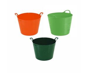 Set of 3- 26l Litre Flexi Tub Medium Size Bucket Storage Container Basket Flexible Trug Colourful Planter Rubber Flexi Round Tub For Home Garden MADE IN U.K (Orange, Dark Green & Lime Green)