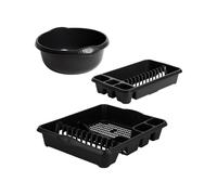 (Set Of 3) 36cm Midnight Greyish Round High Grade Plastic Washing Up Bowl With Stylish Medium/Large Dish Drainer Plate Rack Draining Board Tray Stand Sink Holder Organiser Kitchen Home & Restaurants