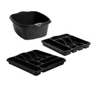 Set of 3 - 39cm Midnight Greyish High Grade Plastic Round Washing Up Bowl With 5/7 Compartment Small & Large Cutlery Rack Holder Tray Organiser Drawer Spoons Forks Knives For Home & Restaurants