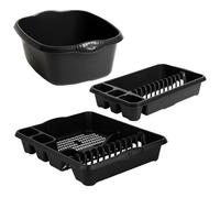 Set Of 3- 39cm Midnight Greyish Rectangular High Grade Plastic Washing Up Bowl With Stylish Medium & Large Dish Drainer Plate Rack Draining Board Tray Stand Sink Holder Organiser Kitchen & Restaurants