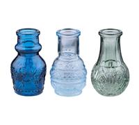 (Set of 3) 3pc Embossed Glass Mini Decorative Blue & Green Bud Vases