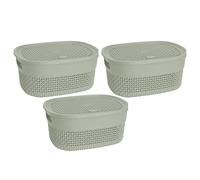 [Set of 3] 4 Litre Plastic ETC Storage Basket with Lid - Small Oval Knit Design Box with Integrated Handle - Stackable & Nestable Utility Container for Home, Kitchen & Office Use