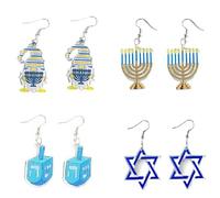 Set of 3/4 Pairs Hanukkah Earrings Glitter Menorah Dove Star of David Acrylic Dangle Earrings Chanukkah Candle Star Gnomes Wooden Drop Earrings for Women Holiday Jewelry, Acrylic, Agate