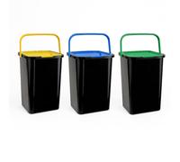 Set of 3 45 Litre Recycling Bins - Black Indoor Kitchen Waste Bins with Colour Coded Lids (Green, Yellow & Blue) - Stackable Space Saving Rubbish Containers with Carry Handle for Home & Office