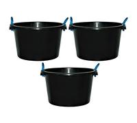 (Set of 3) 45L Litre Black Heavy Duty Multipurpose Plastic Tub Bucket Planter With Rope Handles Muck Bucket Open-Top Storage Round Utility Tub for Indoor or Outdoor Home Garden (Made In UK)