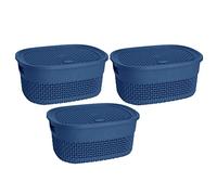 (Set of 3) 4L Litre Multipurpose Plastic Storage Basket with Lid & Handles Stackable Canvas Storage box Handy Basket Storage Container for Kitchen Bathroom Kids Toys Nursery Shelves Cupboards (Blue)