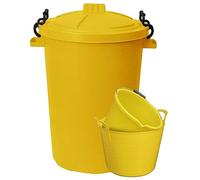 (Set of 3) 50L Litre Heavy Duty Clip Lock Lid Rubbish Bin, Dustbin /3 Gallon 14 Litre Plasters Builder Bucket and 20 Litre Flexible Plastic Storage Container Bucket Tub Trugs Horse Feeder (Yellow)