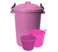 (Set of 3) 50L Litre Heavy Duty Clip Lock Lid Rubbish Bin, Dustbin /3 Gallon 14 Litre Plasters Builder Bucket and 20 Litre Flexible Plastic Storage Container Bucket Tub Trugs Horse Feeder (Pink)