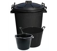 (Set of 3) 50L Litre Heavy Duty Clip Lock Lid Rubbish Bin, Dustbin /3 Gallon 14 Litre Plasters Builder Bucket and 20 Litre Flexible Plastic Storage Container Bucket Tub Trugs Horse Feeder (Black)