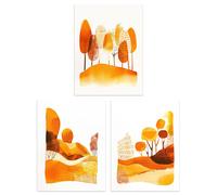 Set of 3 Abstract Autumn Trees Forest Landscapes A4 Size Art Prints Artery8 Orange W12 inch x H16 inch