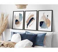 Set of 3 Abstract Blue and Beige Wall Art Black Frames Size: (A2-45 x 62 cm)