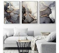 Set of 3 Abstract Canvas Pictures, Black, White, Grey, Geometric Art Print, Poster, Golden Marble Texture, Wall Art, Poster, Living Room Decor Pictures, Grey, Without Frame (C, 30 x 40 cm)