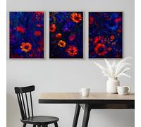 Set of 3 Abstract Vibrant Flowers Against Dark Background - A5 A4 A3 Art Posters Wall Art Modern Painting Prints for Home Office (A3 (420x297mm), High-resolution paper)