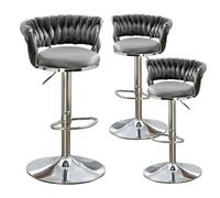 Set of 3 Adjuble Velvet Bar Stools, Modern Counter Height Chairs with Woven Back, Upholstered Dining Seats for Kitchen Island, Cafe, Pub, Farmhouse Decor