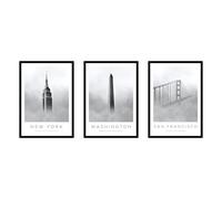 *SET OF 3* - American Bundle Poster Pack, New York, San Francisco & Washington Minimalist travel Print, Modern Black & White Chic Home Decor Collection, A3 or A4 Print Only, Unframed (A3)