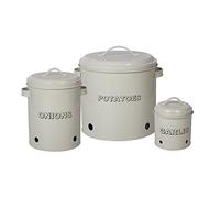 Set of 3 Antique Cream Vintage Potato Onion Garlic Kitchen Storage Canisters Jars Pots Containers 3 Piece Set, Potato, Garlic, Onion Bin Caddy, With Aerating Tin Storage Holes & Metal Lid