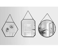 Set of 3 assorted shaped wall mirrors with chain in black, gold or silver. Hexagonal, Round and Rectangular. Perfect for Bedroom, Bathroom, Living Room or Hallway. Vintage / Contemporary (black)