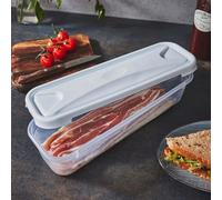 Set Of 3 Bacon Storage Box For Fridge - Rectangular Slimline Food Storage Tub - Clear Plastic BPA Free Freezer Containers With White Lid - Food Safe Storage Container Boxes 1.2L 30cm x 10cm x 6.5cm