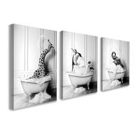 Set of 3 Bathroom Wall Art, Funny Animal Canvas Decor, Black and White Elephant Giraffe and Penguin Artwork, Humorous Bathroom Prints for Toilet or Powder Room with Hooks and Magic Tape, 12x16 Inch