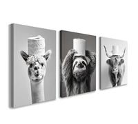 Set of 3 Bathroom Wall Art, Funny Animal Canvas Decor, Black and White Sloth Highland Cow and Alpaca Artwork, Humorous Bathroom Prints for Toilet or Powder Room with Hooks and Magic Tape, 12x16 Inch