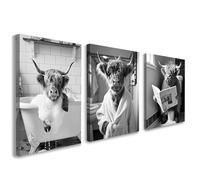 Set of 3 Bathroom Wall Art Funny Highland Cow Canvas Wall Decor, Black and White Animal Artwork for Bathroom Toilet or Powder Room Humorous Pictures and Prints with Hooks and Magic Tape 12x16 Inch