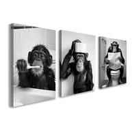 Set of 3 Bathroom Wall Art, Funny Monkey Canvas Wall Decor, Black and White Animal Artwork for Bathroom, Toilet or Powder Room, Humorous Pictures and Prints with Hooks and Magic Tape, 12x16 Inch